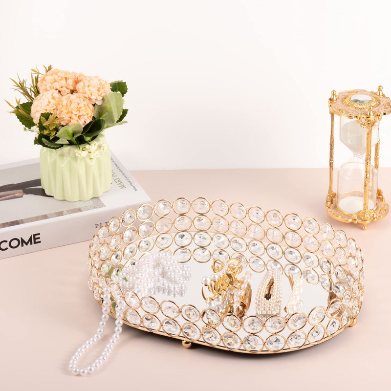 Feyarl Crystal Perfume Tray Vanity Makeup Organizer Ornate Jewelry Trinket Cosmetic Tools Decorative Skin Care Storage for Home Deco Dresser Bathroom Countertop (Oval 12" x 9") (Gold) - Image 4